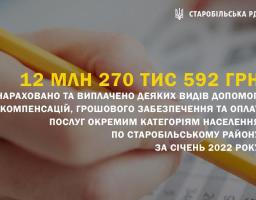 Інформація про нарахування та виплату деяких видів допомог, компенсацій, грошового забезпечення та оплату послуг окремим категоріям населення  за січень 2022 року по Старобільському району 